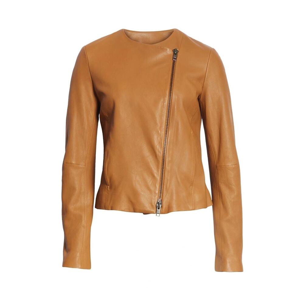 VINCE Zip Cross Front Walnut Leather Jacket